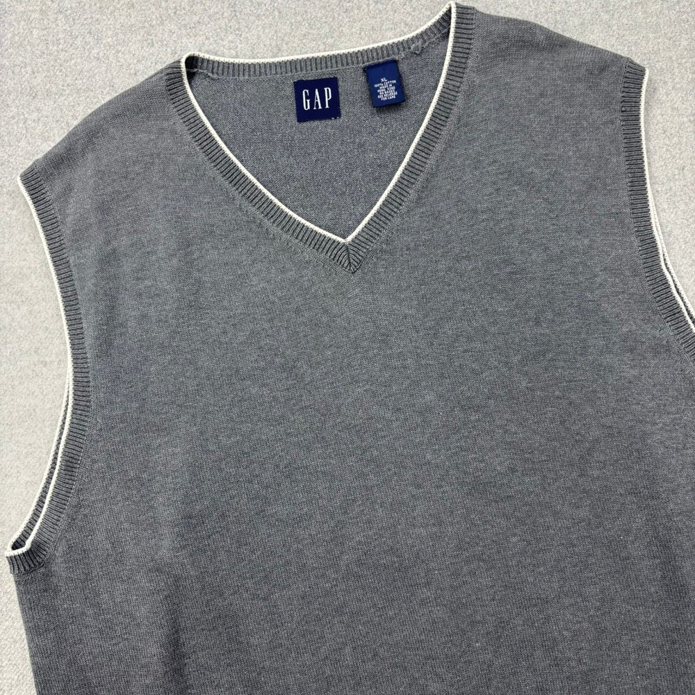 Vintage 90s GAP Sweater Vest Mens XL Gray V Neck Cotton‎ Knit Contrast Hem
